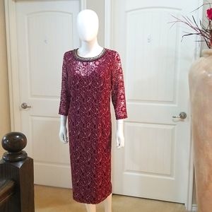 "HOST PICK""" London Times Midi Burgundy Jeweled Neckline lace dress